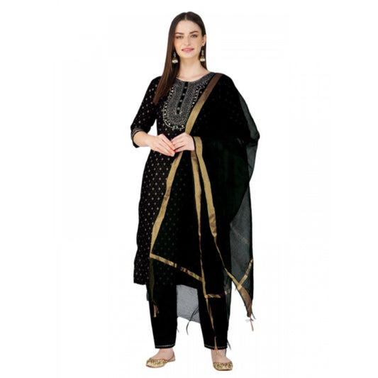 Amfyn Women's Casual 3-4 th Sleeve Embroidery Cotton Kurti Pant Dupatta Set (Black)