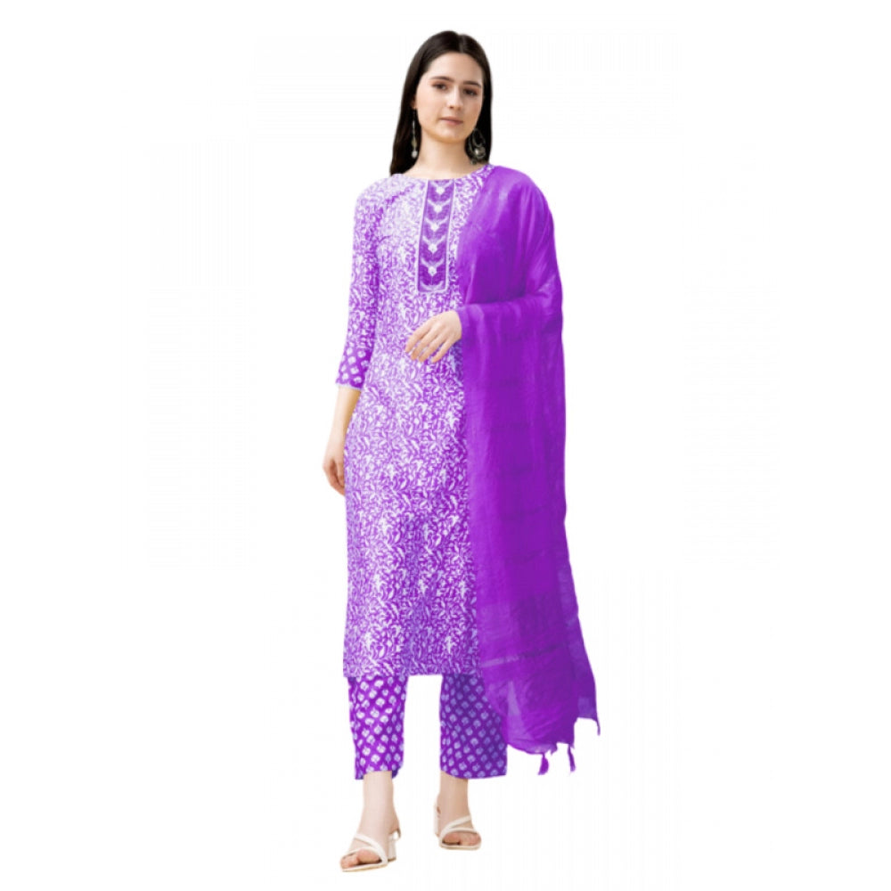 Amfyn Women's Casual 3-4 th Sleeve Embroidery Rayon Kurti Pant Dupatta Set (Purple)