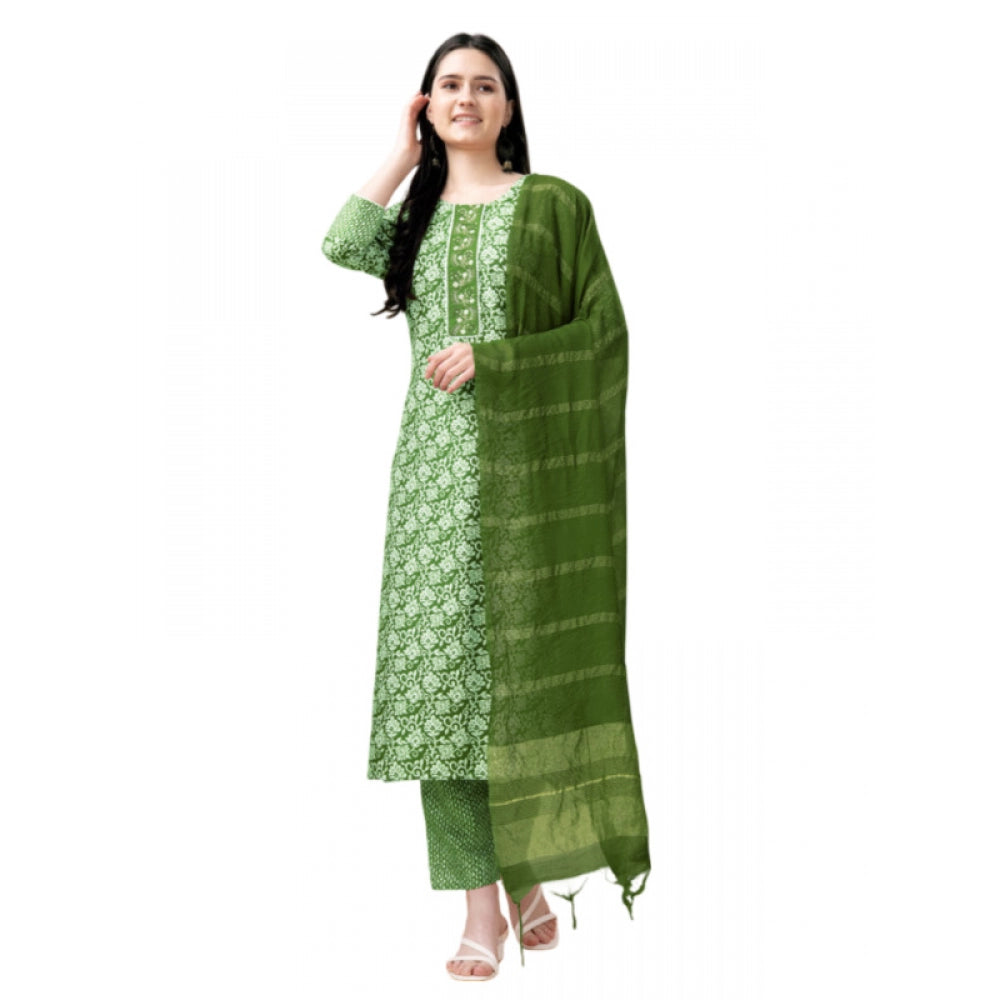 Amfyn Women's Casual 3-4 th Sleeve Embroidery Rayon Kurti Pant Dupatta Set (Green)