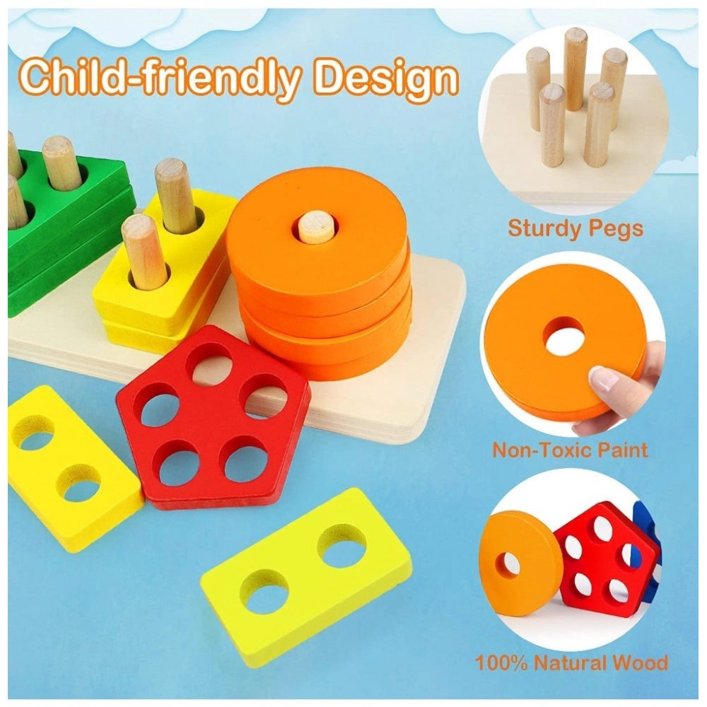 Amfyn Wooden Sorting And Stacking Toys 5 Column Geometric Shape Puzzle Activity For Kids (Wood Color)