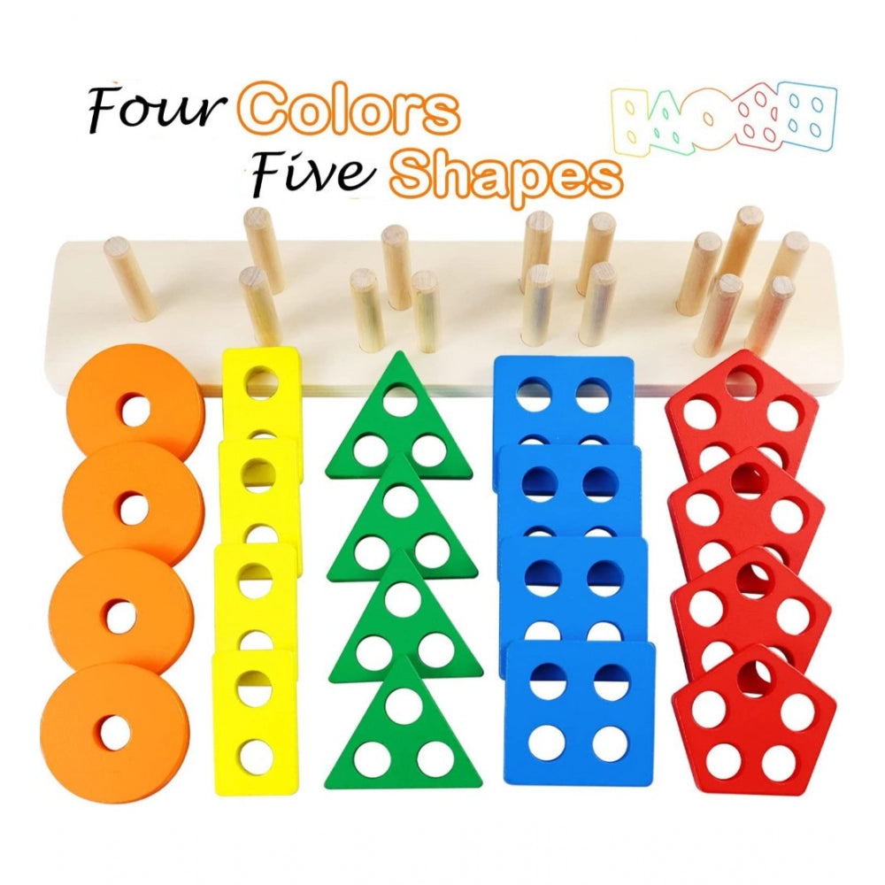 Amfyn Wooden Sorting And Stacking Toys 5 Column Geometric Shape Puzzle Activity For Kids (Wood Color)