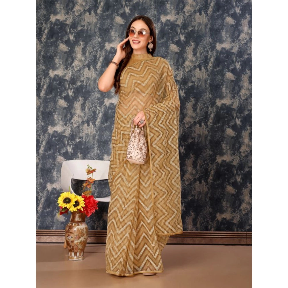 Amfyn Women's Linen Zig Zag Saree With Unstitched Blouse (Beige, 5-6 Mtrs)