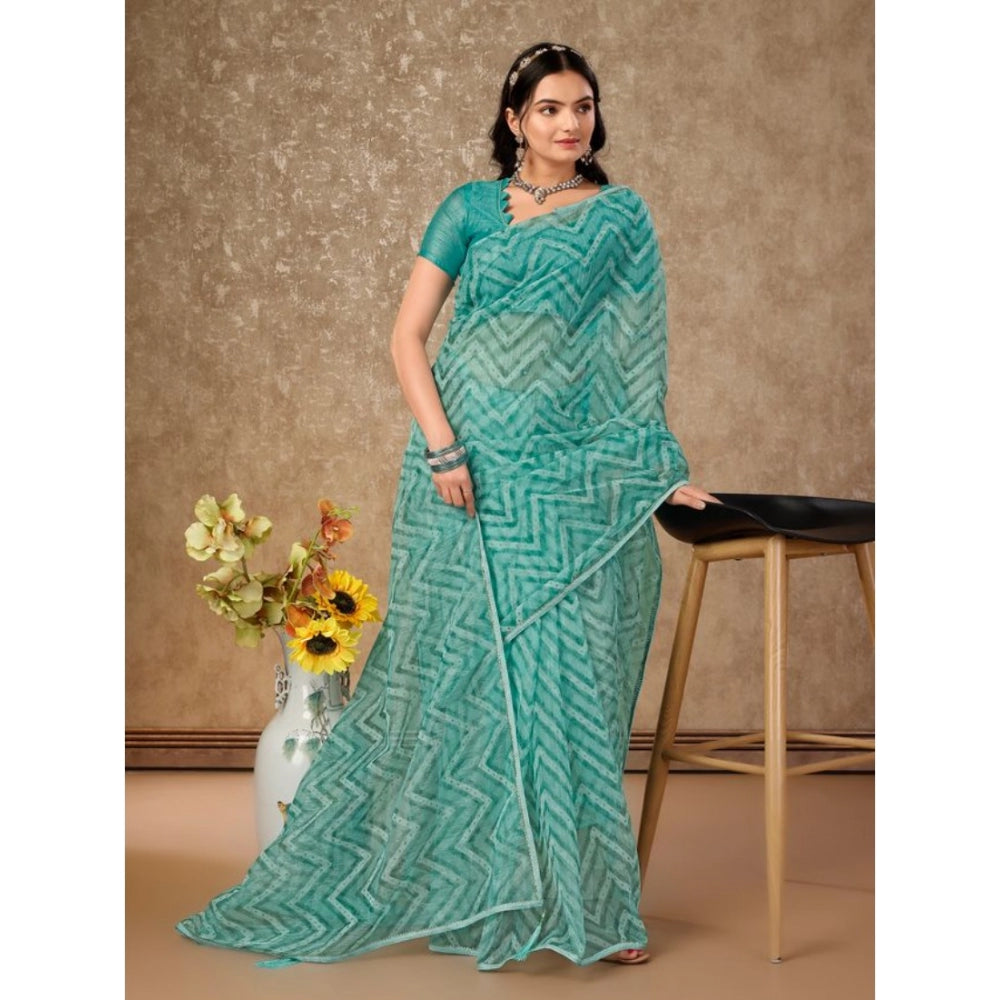 Amfyn Women's Linen Zig Zag Saree With Unstitched Blouse (Turquoise Green, 5-6 Mtrs)