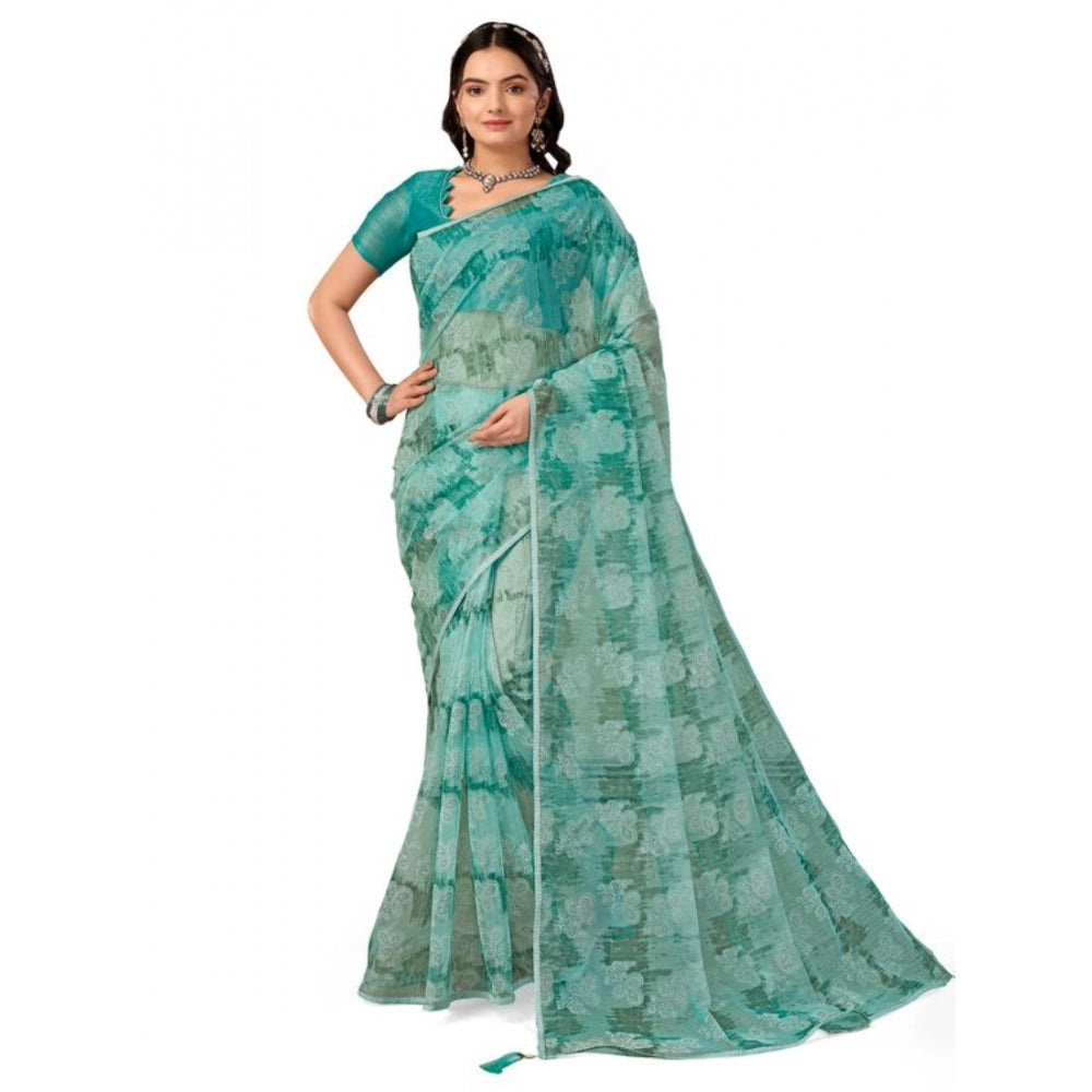 Amfyn Women's Linen Floral Printed Saree With Unstitched Blouse (Turquies Green, 5-6 Mtrs)