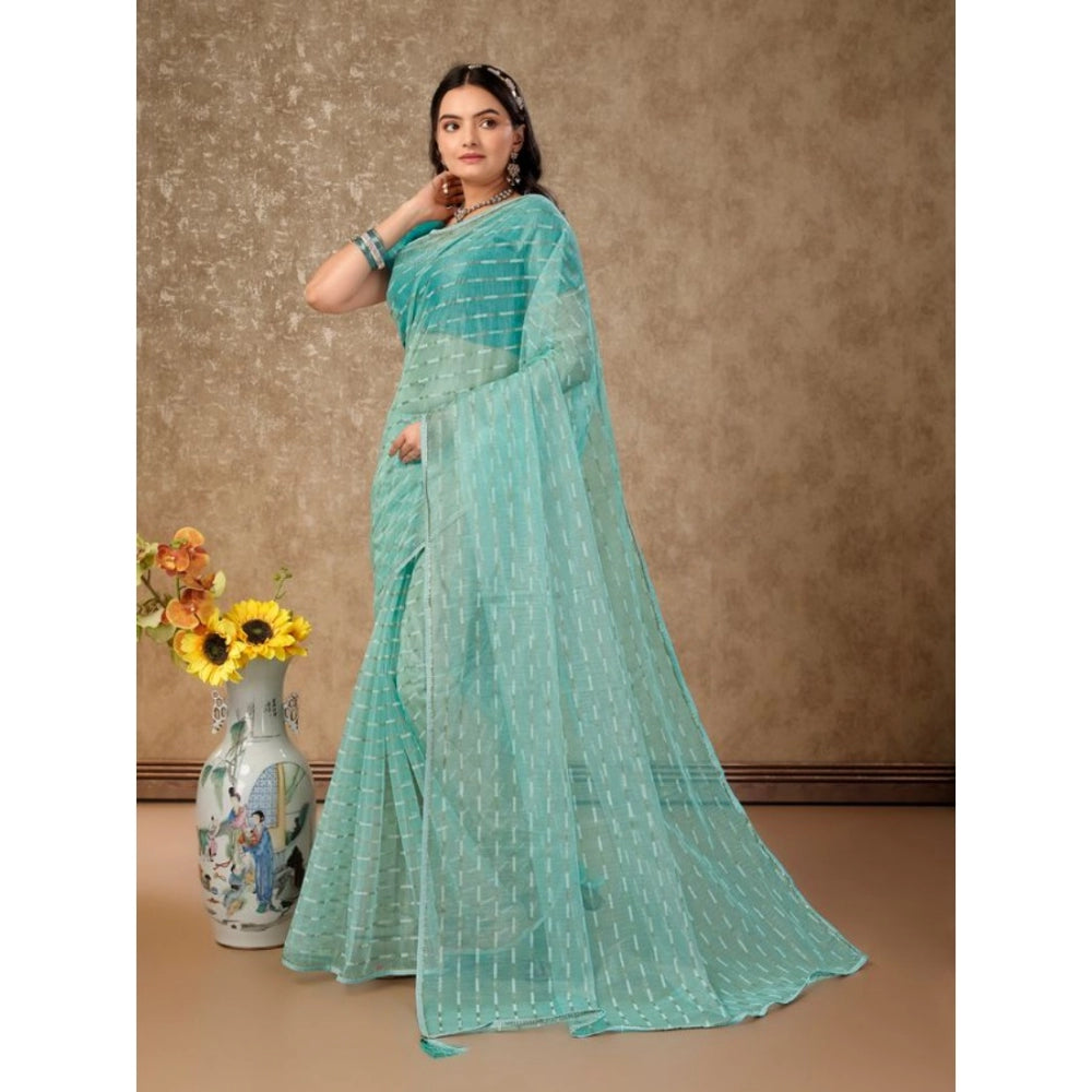 Amfyn Women's Linen Line Saree With Unstitched Blouse (Turquies Green, 5-6 Mtrs)