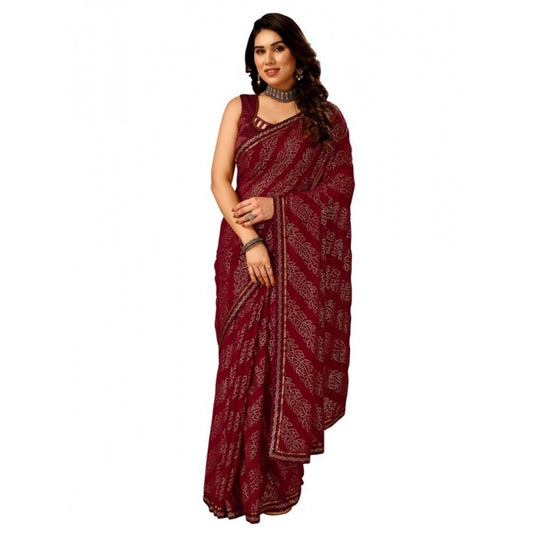 Amfyn Women's Zomto Bandhini Saree With Unstitched Blouse (Maroon, 5-6 Mtrs)