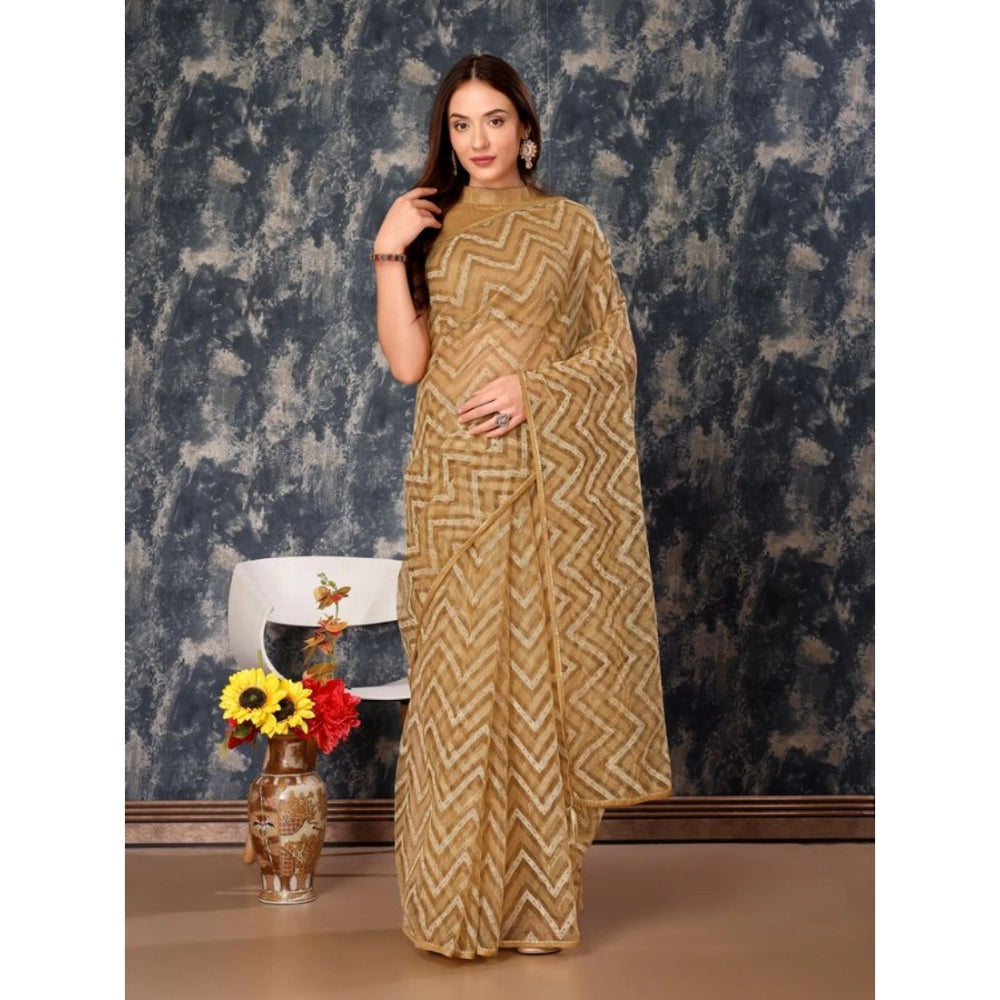 Amfyn Women's Linen Zig Zag Saree With Unstitched Blouse (Beige, 5-6 Mtrs)