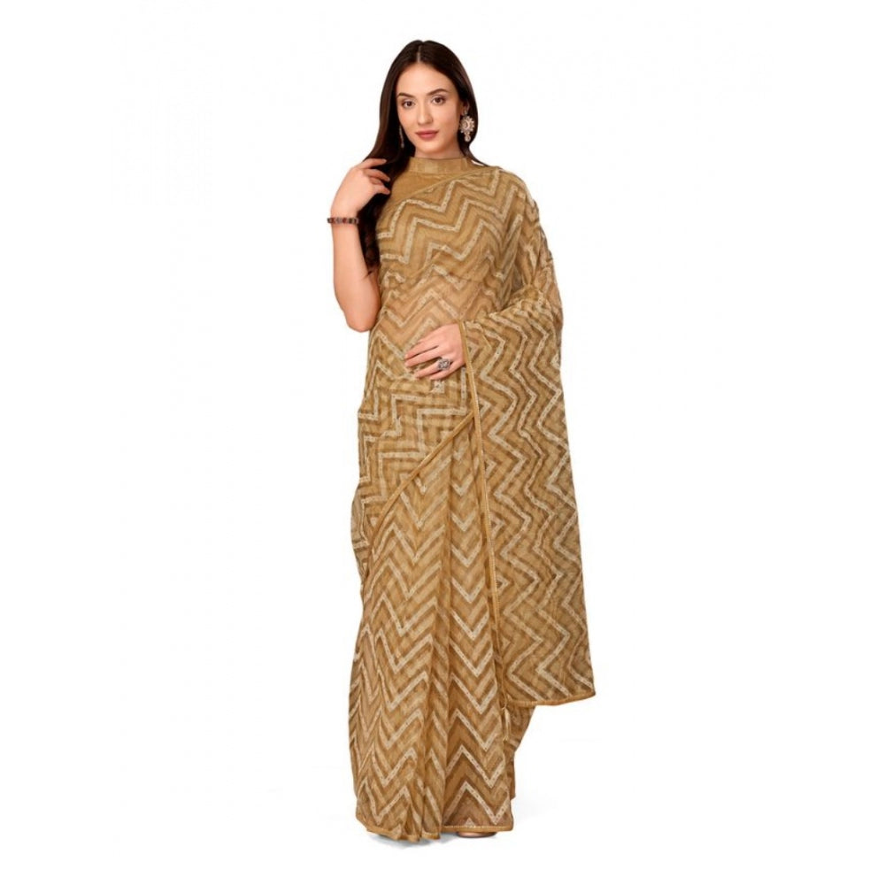 Amfyn Women's Linen Zig Zag Saree With Unstitched Blouse (Beige, 5-6 Mtrs)