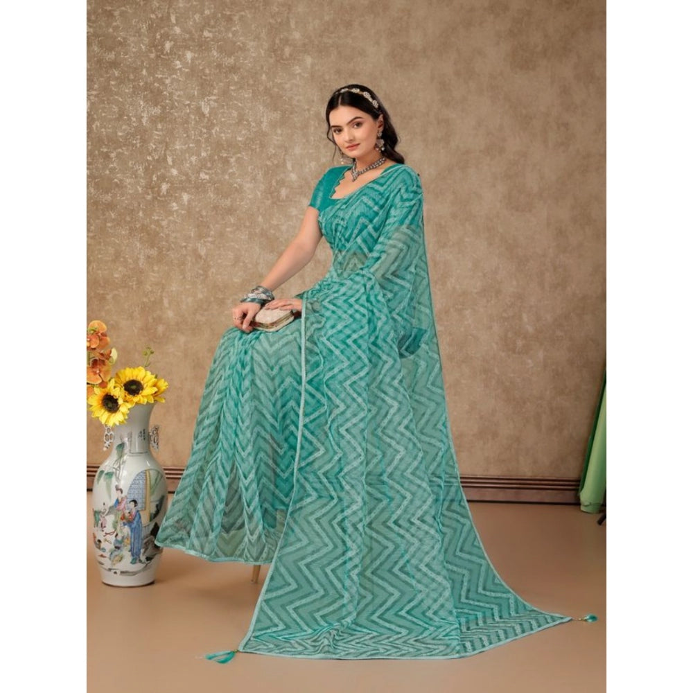 Amfyn Women's Linen Zig Zag Saree With Unstitched Blouse (Turquoise Green, 5-6 Mtrs)