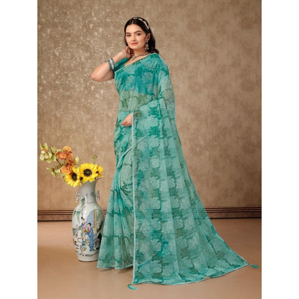 Amfyn Women's Linen Floral Printed Saree With Unstitched Blouse (Turquies Green, 5-6 Mtrs)