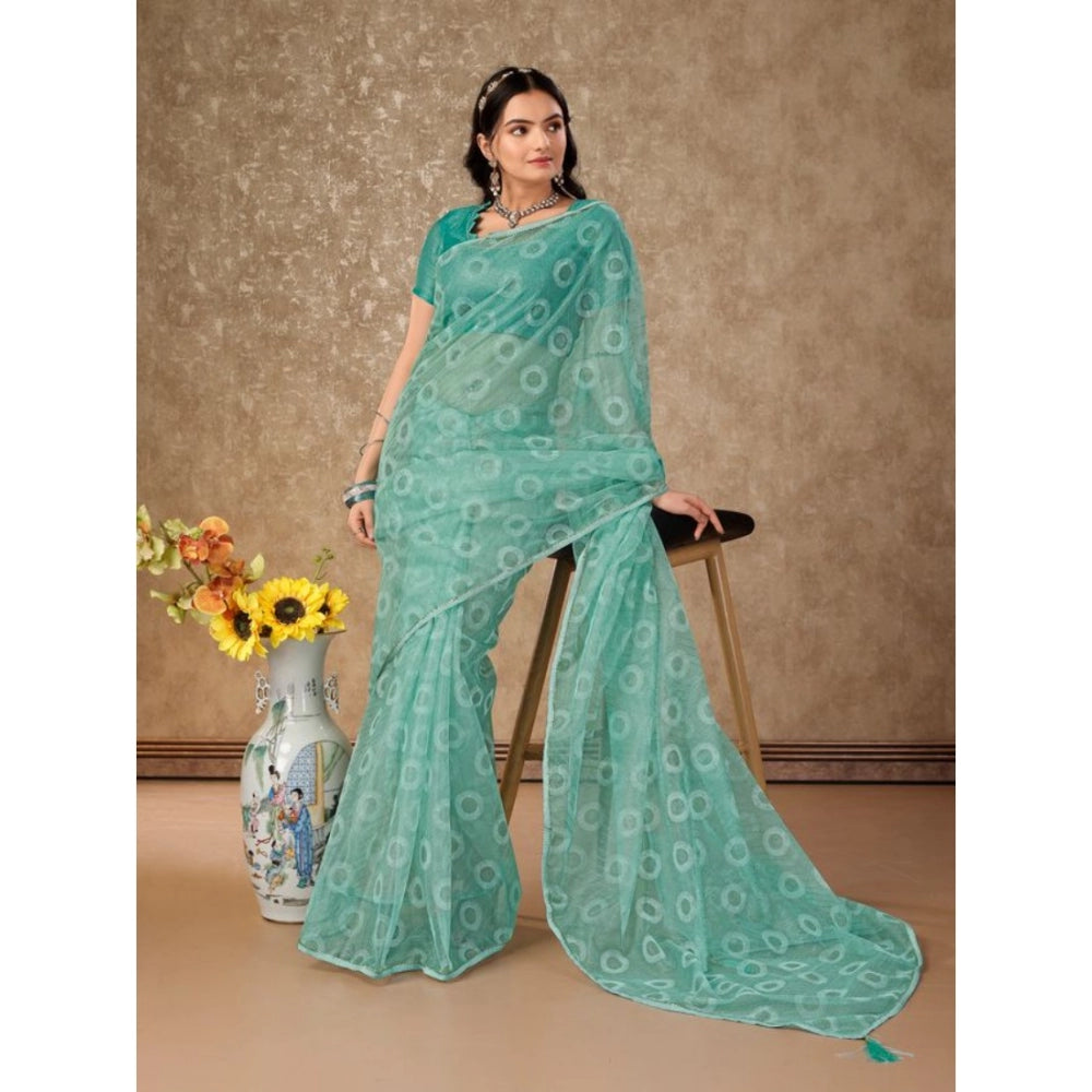 Amfyn Women's Linen Gola Printed Saree With Unstitched Blouse (Turquies Green, 5-6 Mtrs)