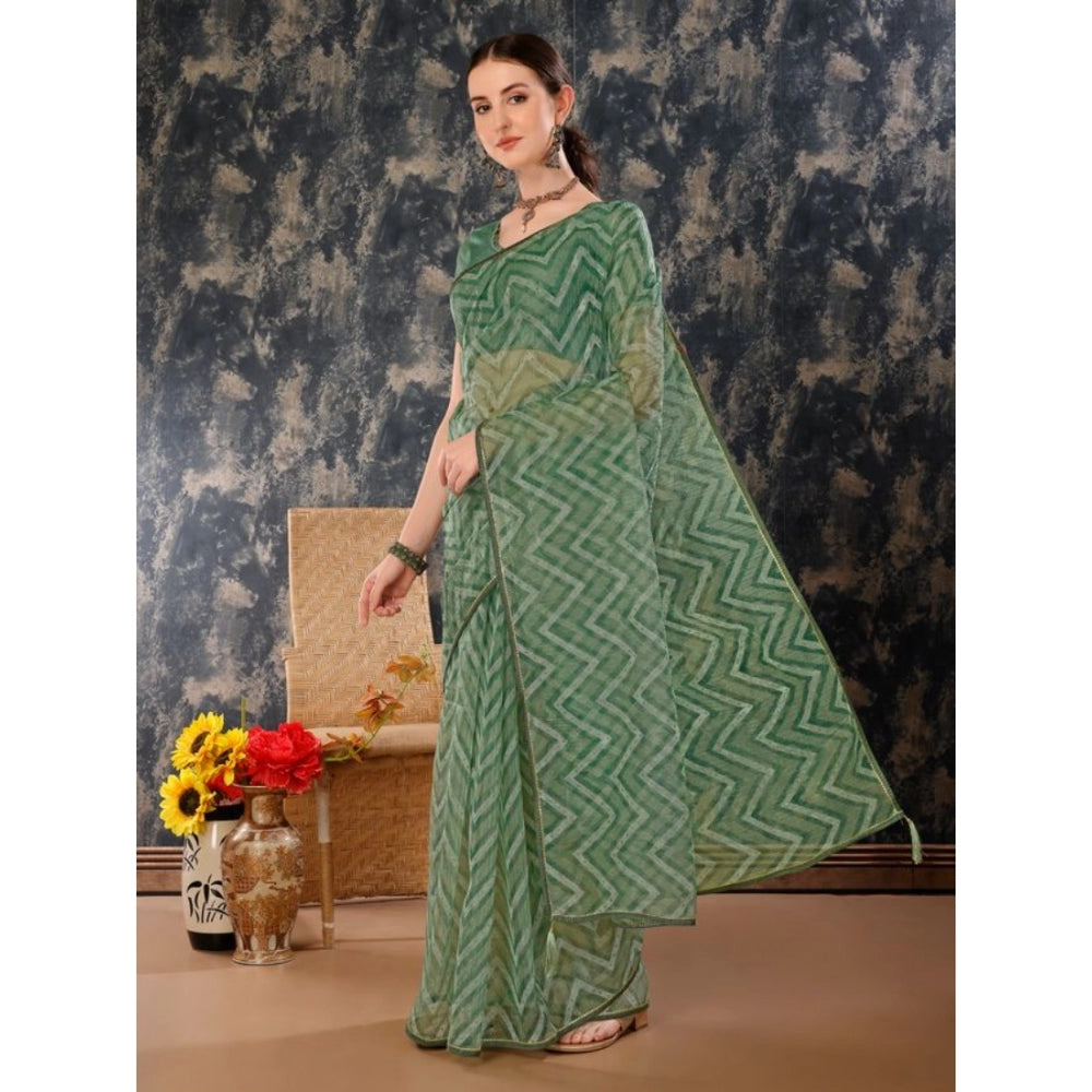 Amfyn Women's Linen Zig Zag Saree With Unstitched Blouse (Green, 5-6 Mtrs)