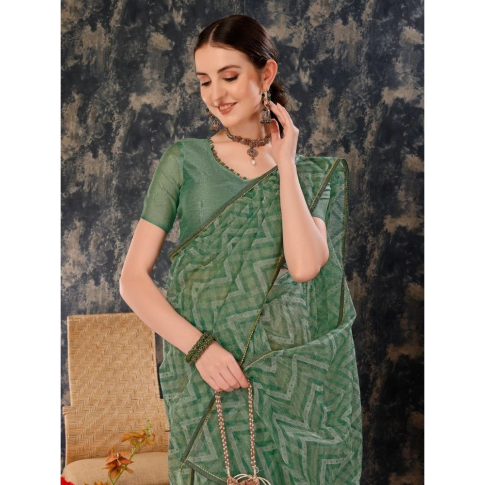 Amfyn Women's Linen Zig Zag Saree With Unstitched Blouse (Green, 5-6 Mtrs)