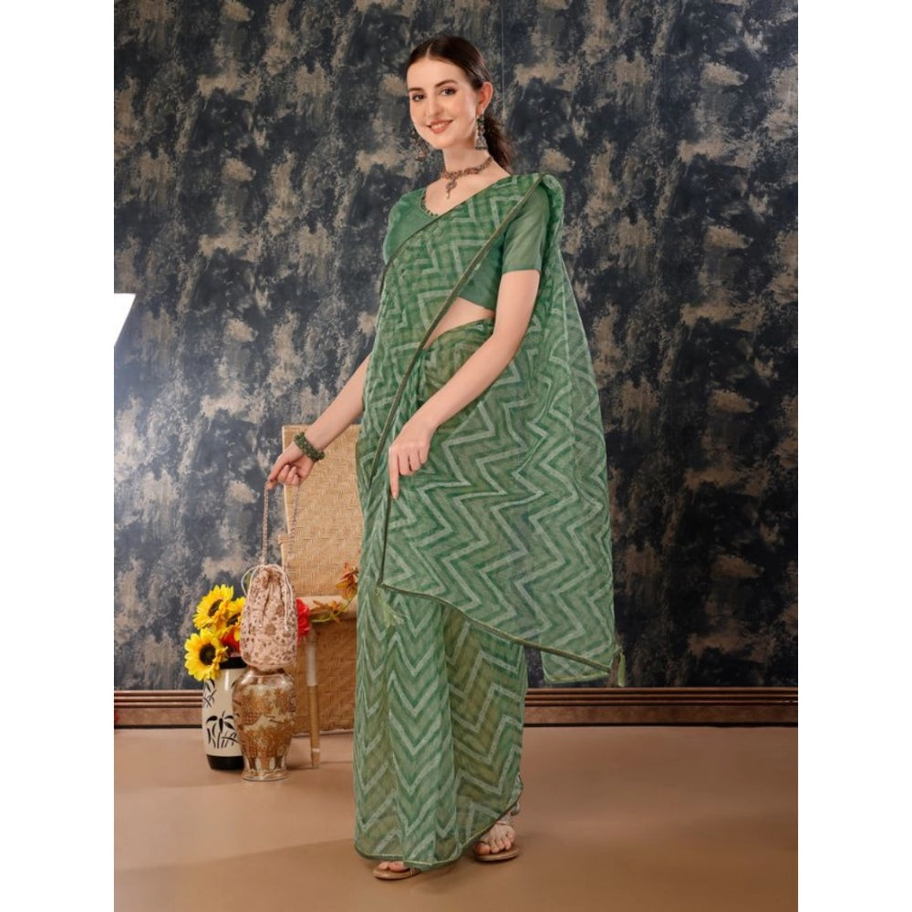 Amfyn Women's Linen Zig Zag Saree With Unstitched Blouse (Green, 5-6 Mtrs)