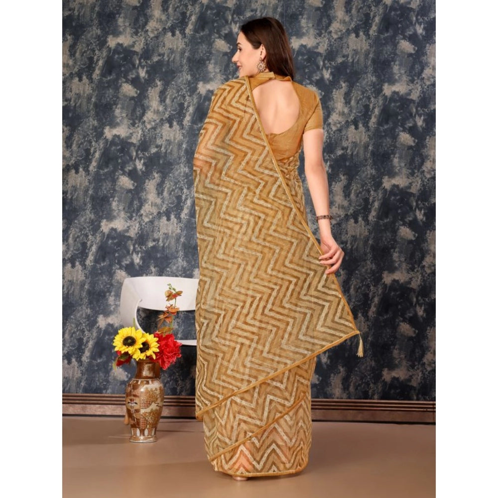 Amfyn Women's Linen Zig Zag Saree With Unstitched Blouse (Beige, 5-6 Mtrs)