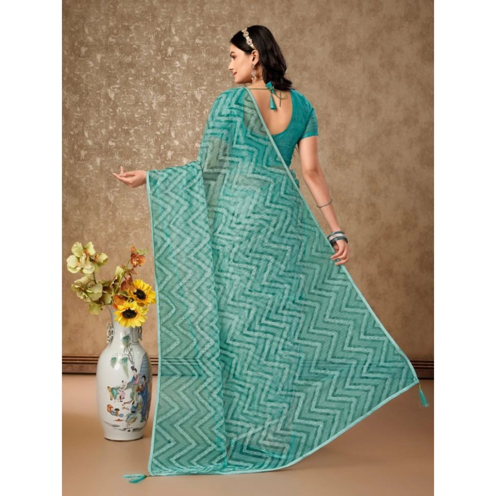 Amfyn Women's Linen Zig Zag Saree With Unstitched Blouse (Turquies Green, 5-6 Mtrs)