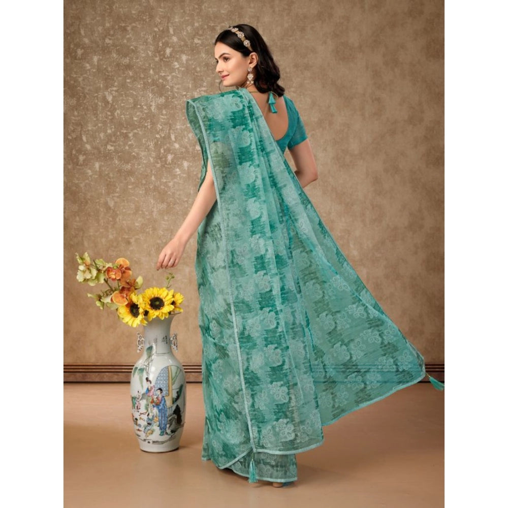 Amfyn Women's Linen Floral Printed Saree With Unstitched Blouse (Turquies Green, 5-6 Mtrs)