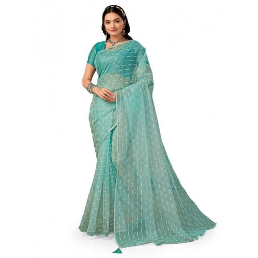 Amfyn Women's Linen Line Saree With Unstitched Blouse (Turquies Green, 5-6 Mtrs)