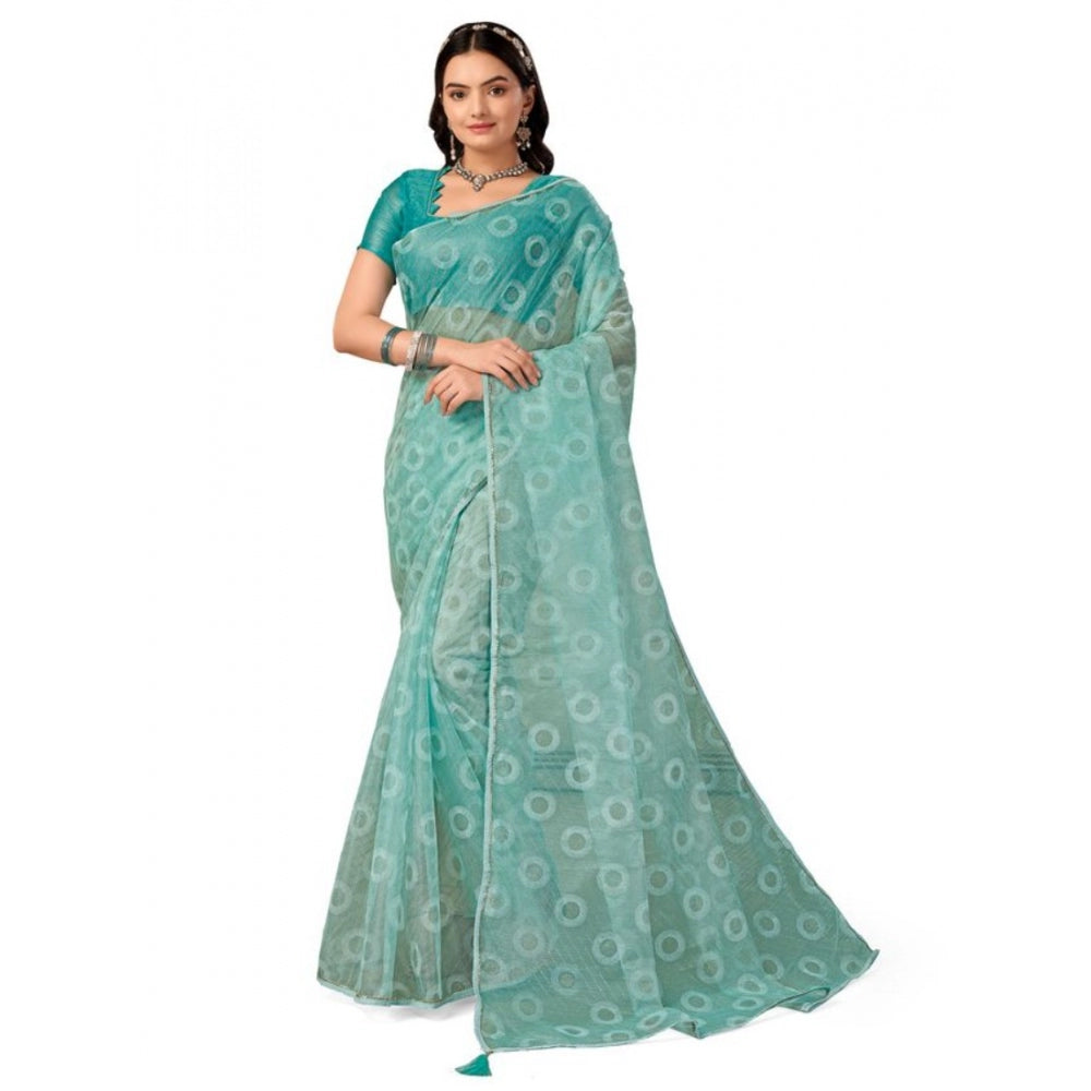 Amfyn Women's Linen Gola Printed Saree With Unstitched Blouse (Turquies Green, 5-6 Mtrs)