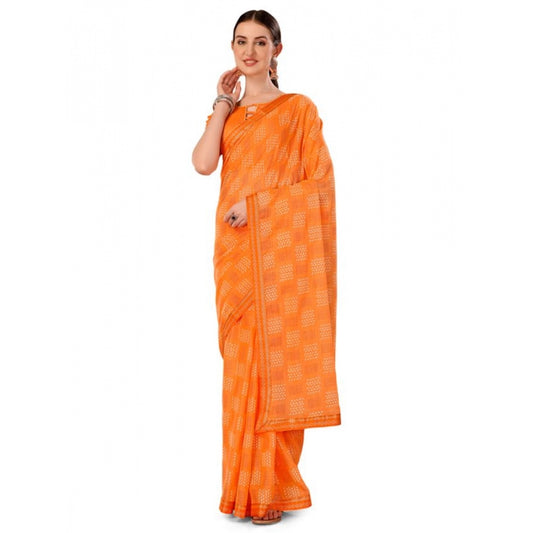 Amfyn Women's Zomto Checked Saree With Unstitched Blouse (Orange, 5-6 Mtrs)