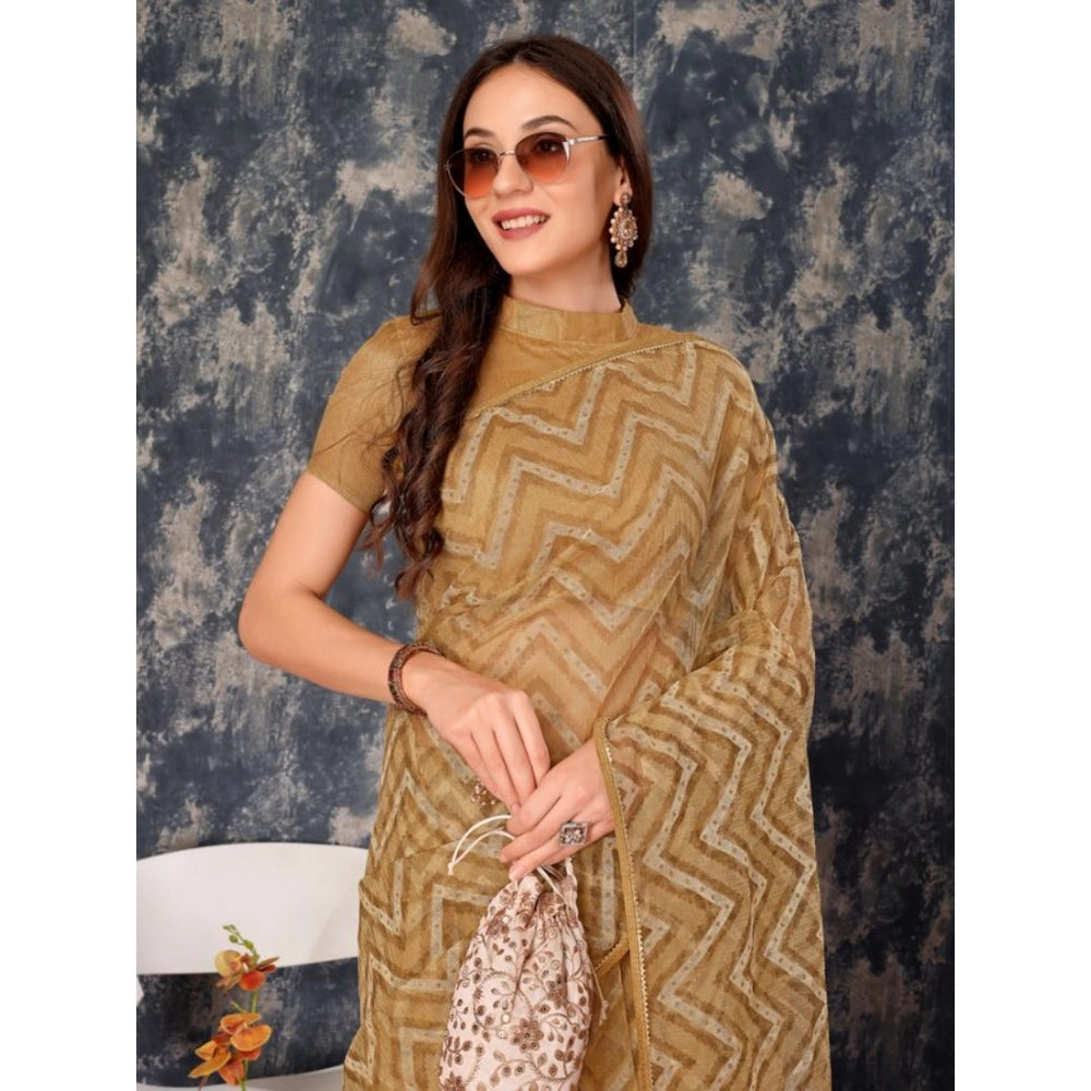 Amfyn Women's Linen Zig Zag Saree With Unstitched Blouse (Beige, 5-6 Mtrs)