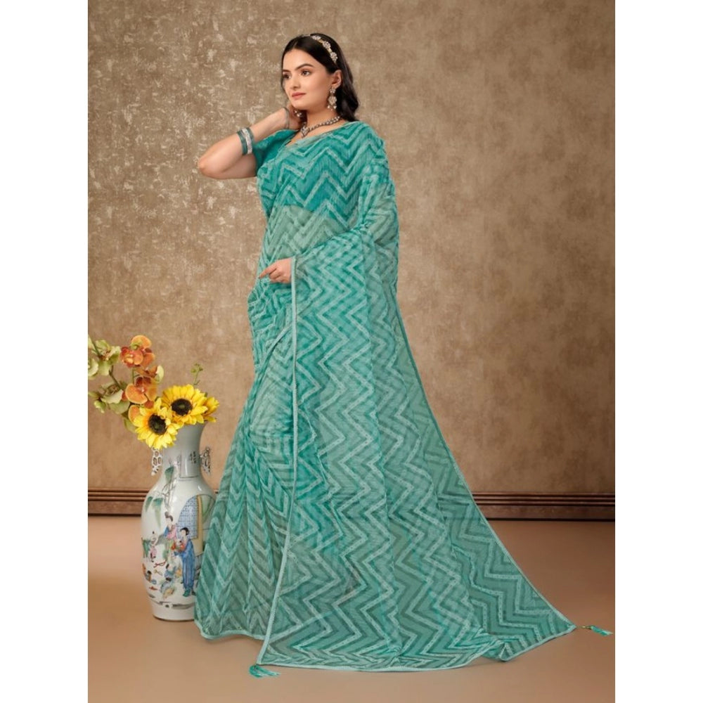 Amfyn Women's Linen Zig Zag Saree With Unstitched Blouse (Turquoise Green, 5-6 Mtrs)