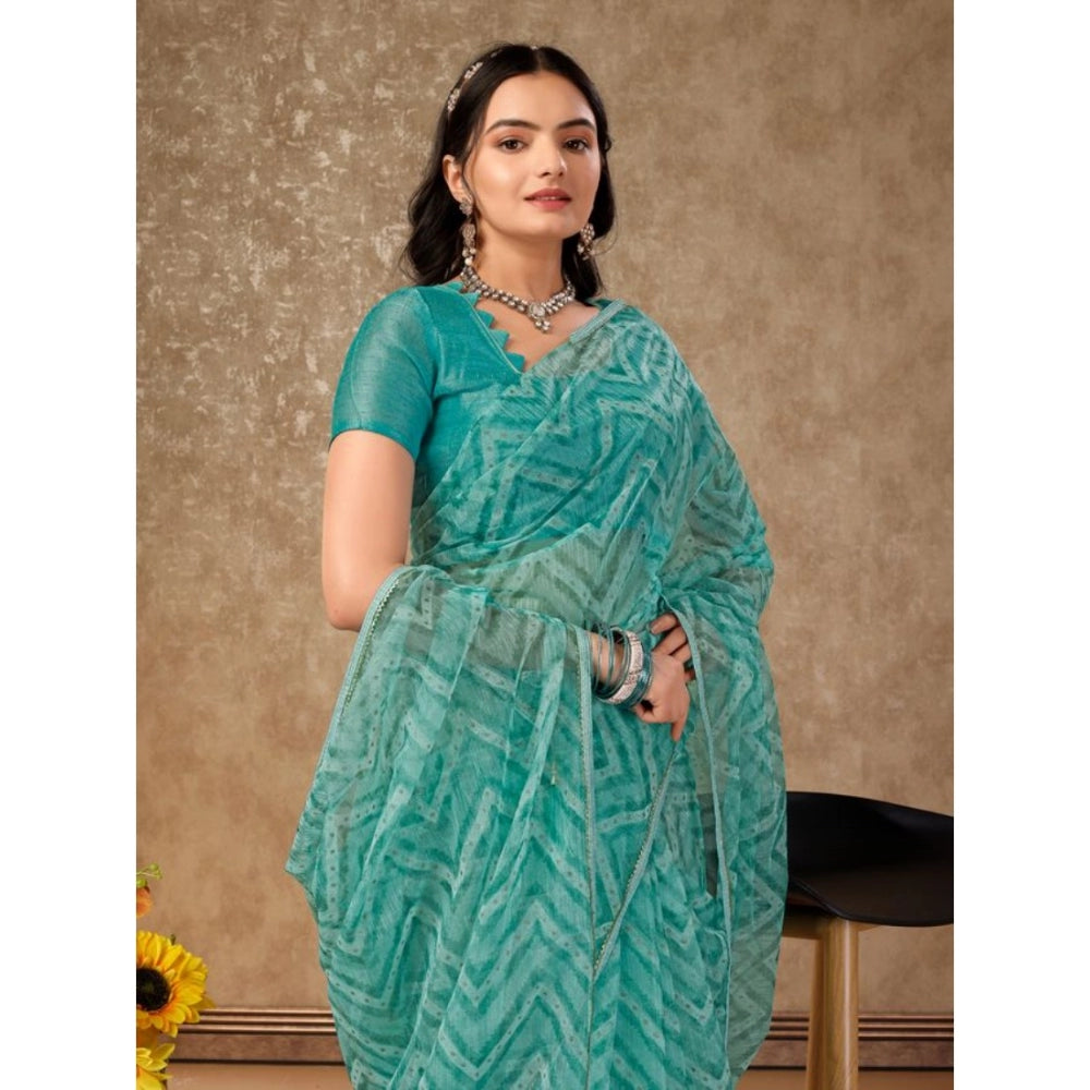 Amfyn Women's Linen Zig Zag Saree With Unstitched Blouse (Turquoise Green, 5-6 Mtrs)