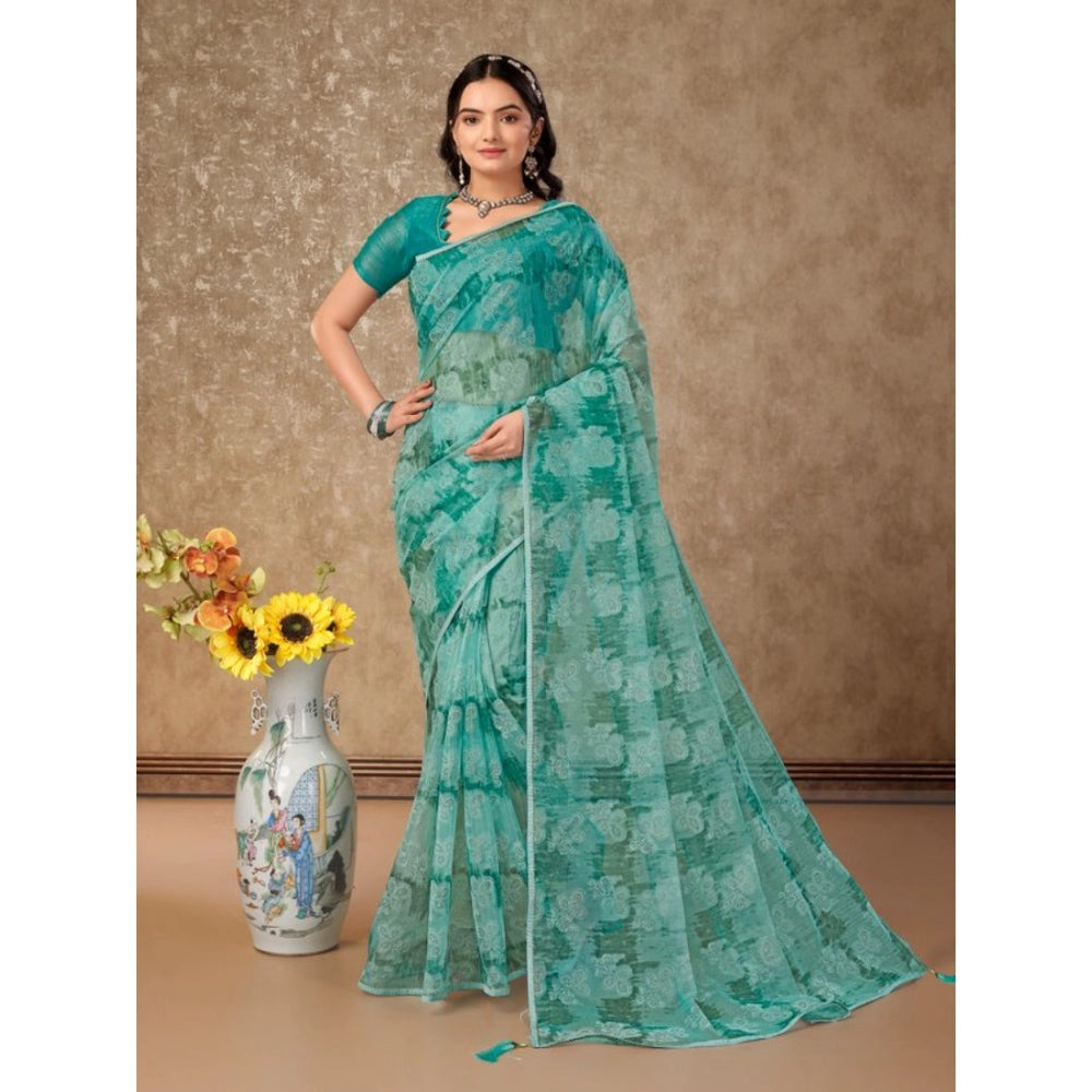 Amfyn Women's Linen Floral Printed Saree With Unstitched Blouse (Turquies Green, 5-6 Mtrs)