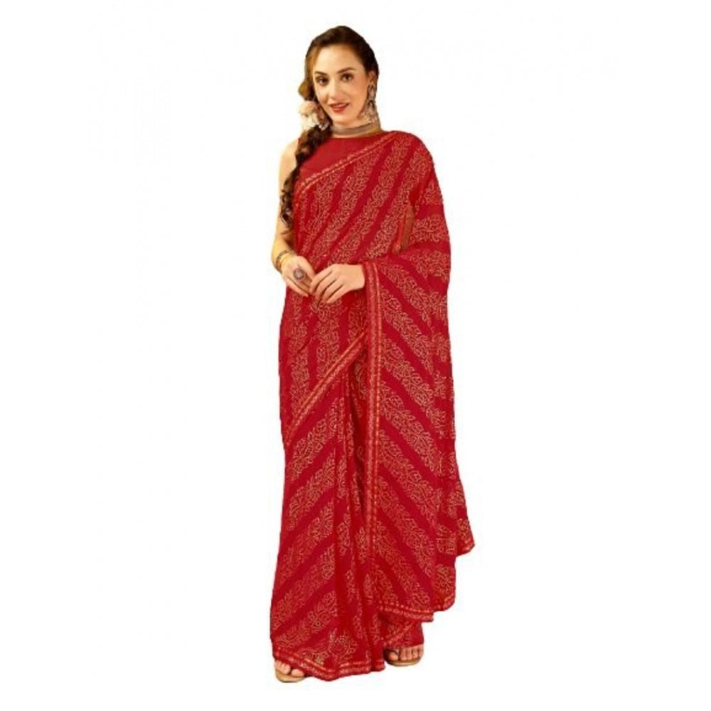 Amfyn Women's Zomto Bandhini Saree With Unstitched Blouse (Red, 5-6 Mtrs)