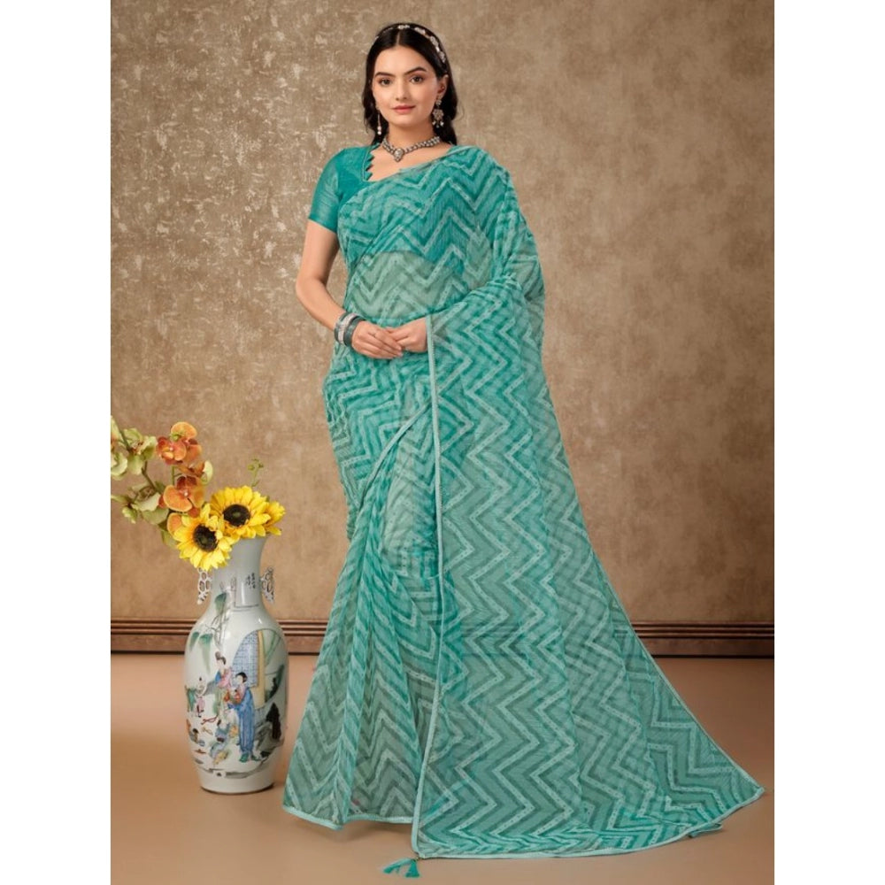 Amfyn Women's Linen Zig Zag Saree With Unstitched Blouse (Turquies Green, 5-6 Mtrs)