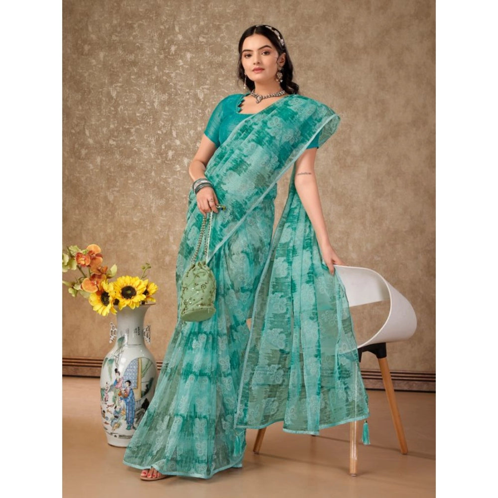 Amfyn Women's Linen Floral Printed Saree With Unstitched Blouse (Turquies Green, 5-6 Mtrs)