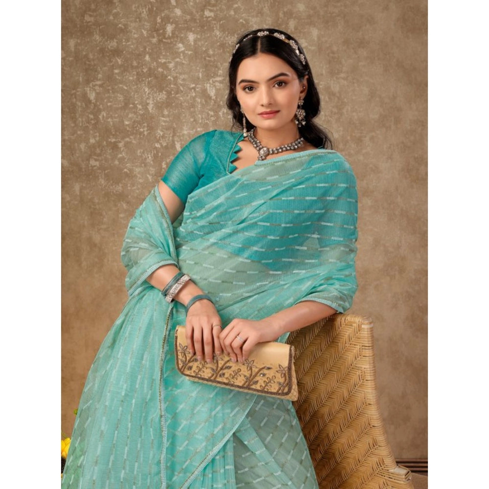 Amfyn Women's Linen Line Saree With Unstitched Blouse (Turquies Green, 5-6 Mtrs)