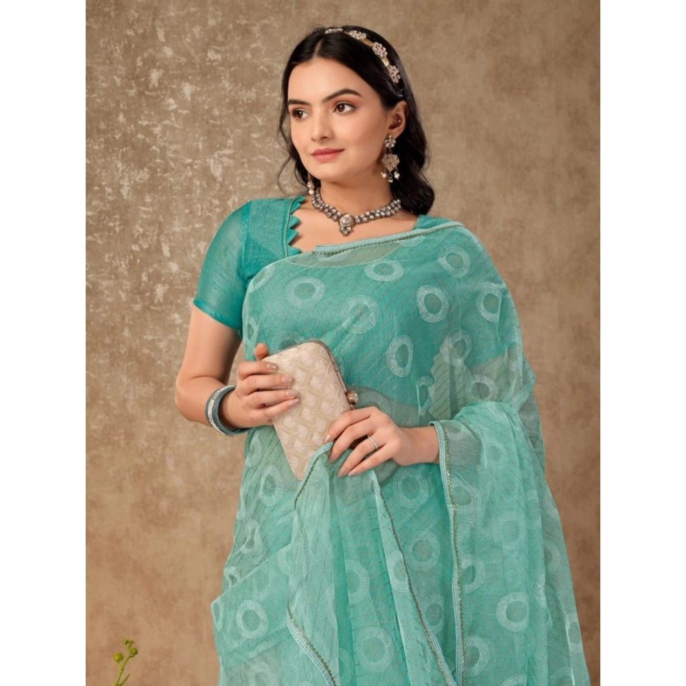 Amfyn Women's Linen Gola Printed Saree With Unstitched Blouse (Turquies Green, 5-6 Mtrs)