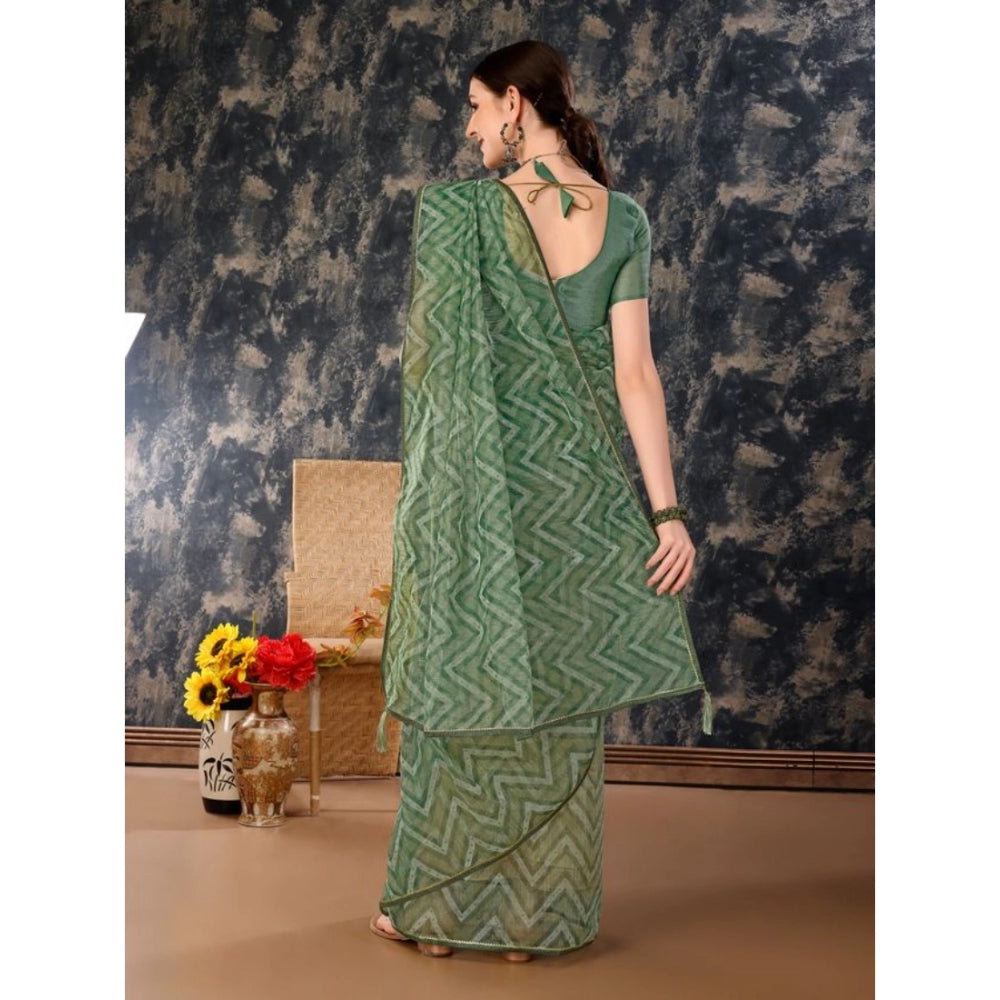 Amfyn Women's Linen Zig Zag Saree With Unstitched Blouse (Green, 5-6 Mtrs)