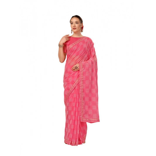 Amfyn Women's Zomto Checked Saree With Unstitched Blouse (Pink, 5-6 Mtrs)