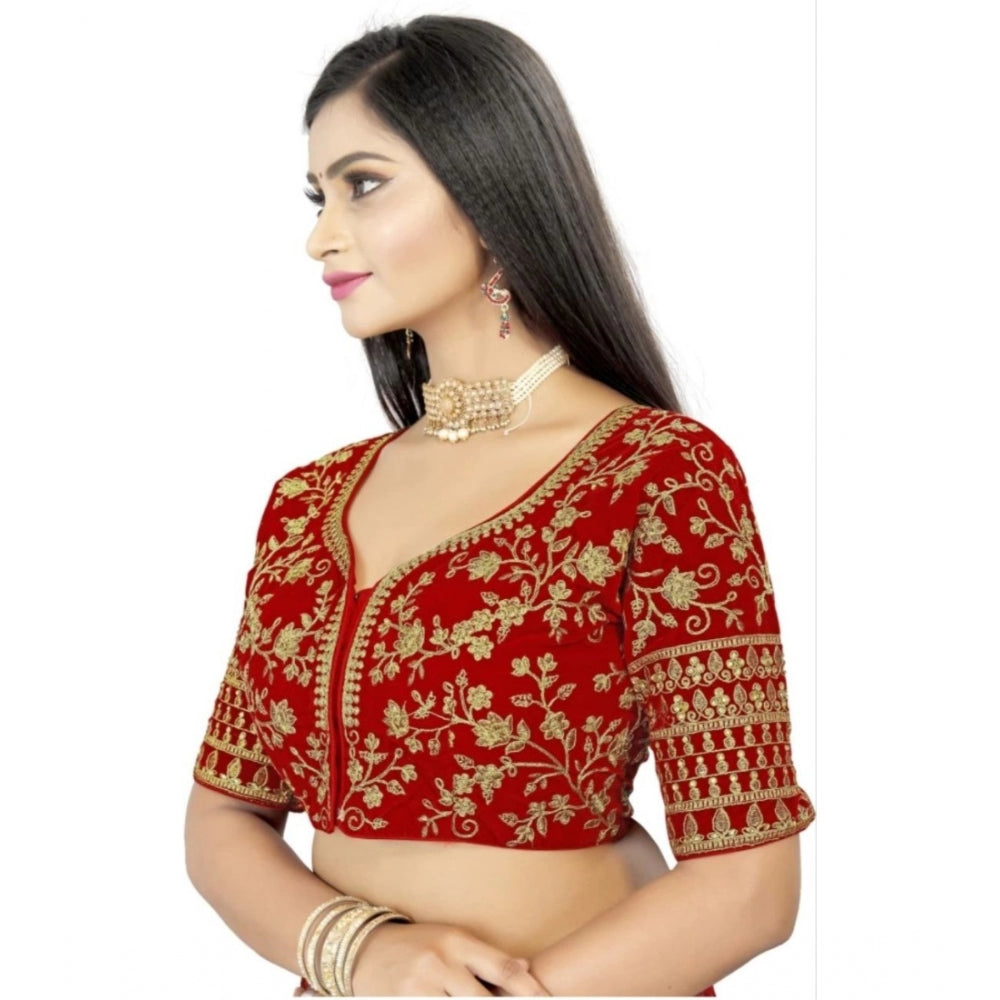 Amfyn Women's Velvet Embroidery Readymade Blouse (Red, Size: Free Size)