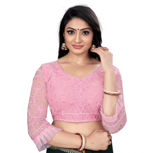 Amfyn Women's Nylon Net Embroidery Readymade Blouse (Pink, Size: Free Size)