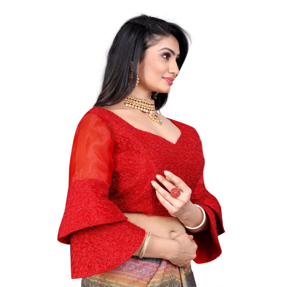 Amfyn Women's Organza Embroidery Readymade Blouse (Red, Size: Free Size)