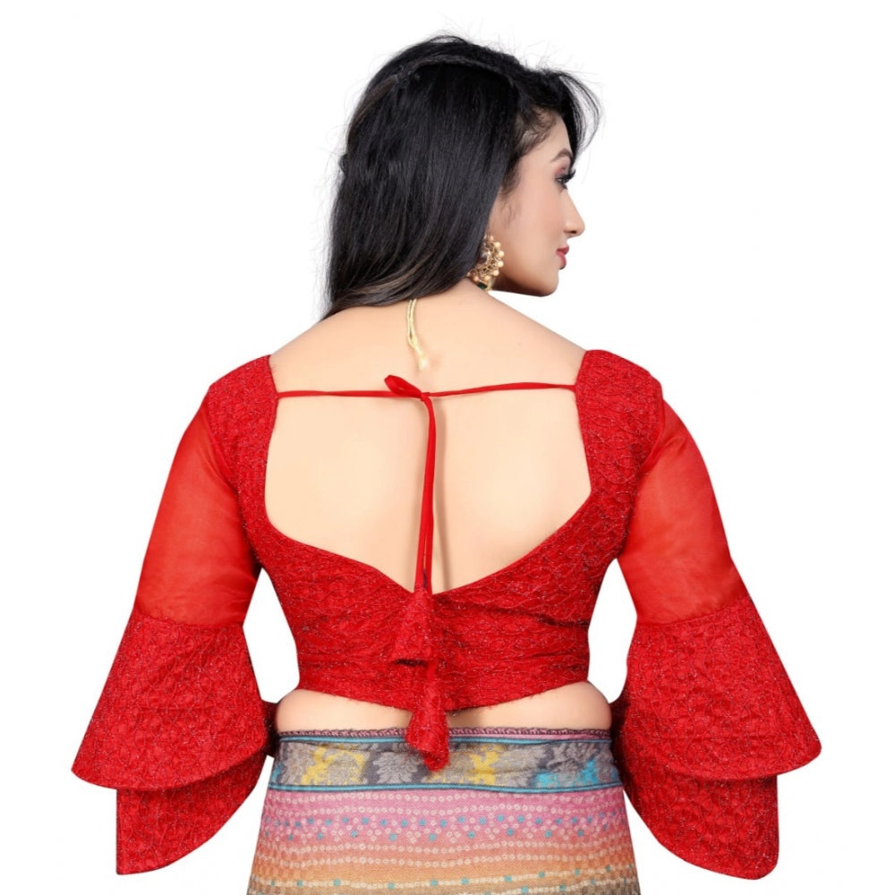 Amfyn Women's Organza Embroidery Readymade Blouse (Red, Size: Free Size)