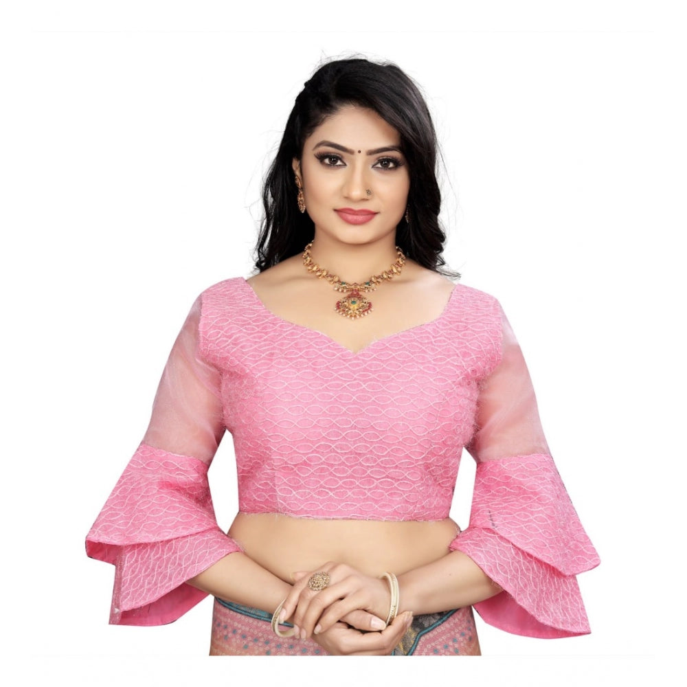 Amfyn Women's Organza Embroidery Readymade Blouse (Pink, Size: Free Size)