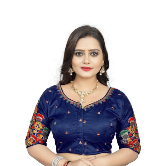 Amfyn Women's Malai Silk Floral Readymade Blouse (Navy Blue, Size: Free Size)