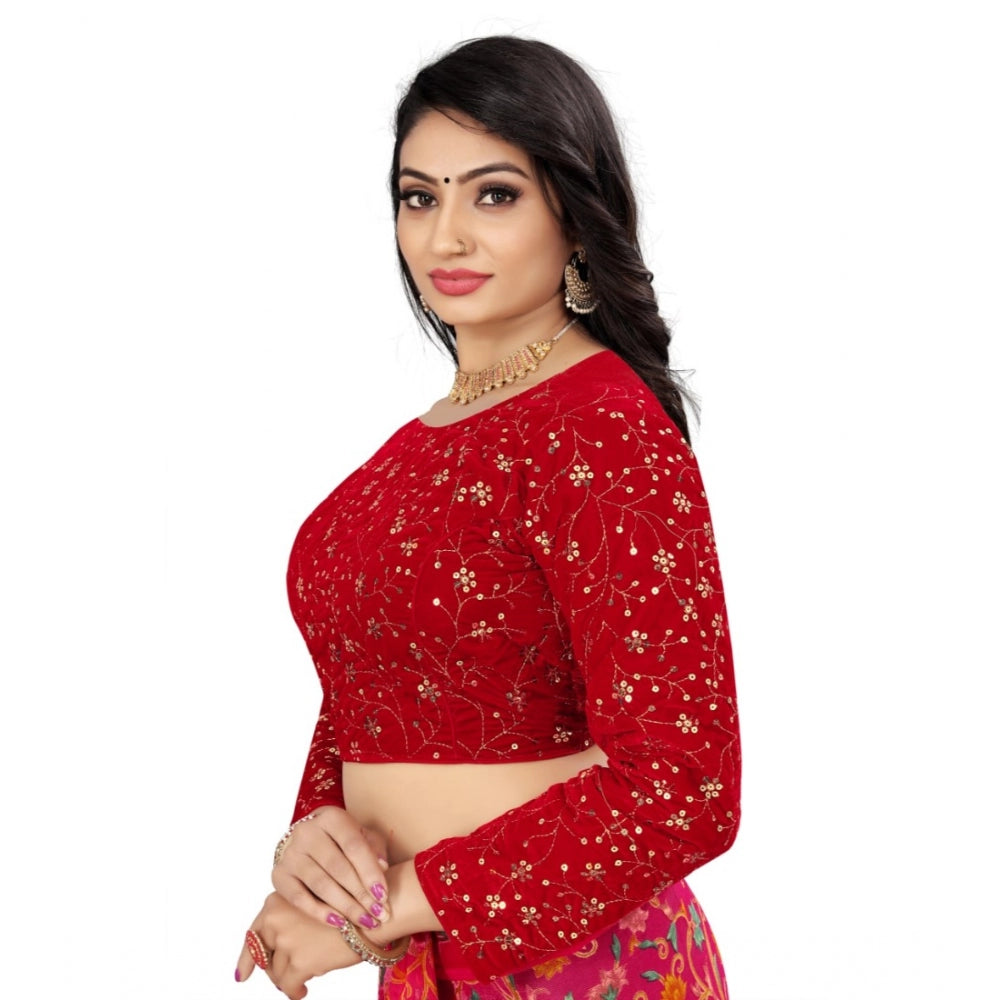 Amfyn Women's Velvet Embroidery Readymade Blouse (Red, Size: Free Size)