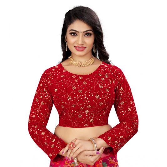 Amfyn Women's Velvet Embroidery Readymade Blouse (Red, Size: Free Size)