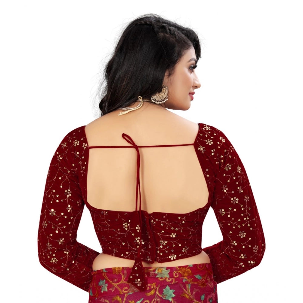 Amfyn Women's Velvet Embroidery Readymade Blouse (Maroon, Size: Free Size)