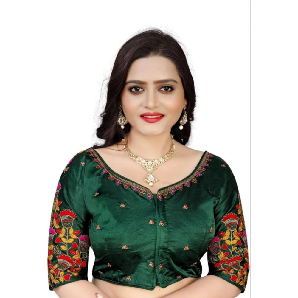 Amfyn Women's Malai Silk Floral Readymade Blouse (Green, Size: Free Size)