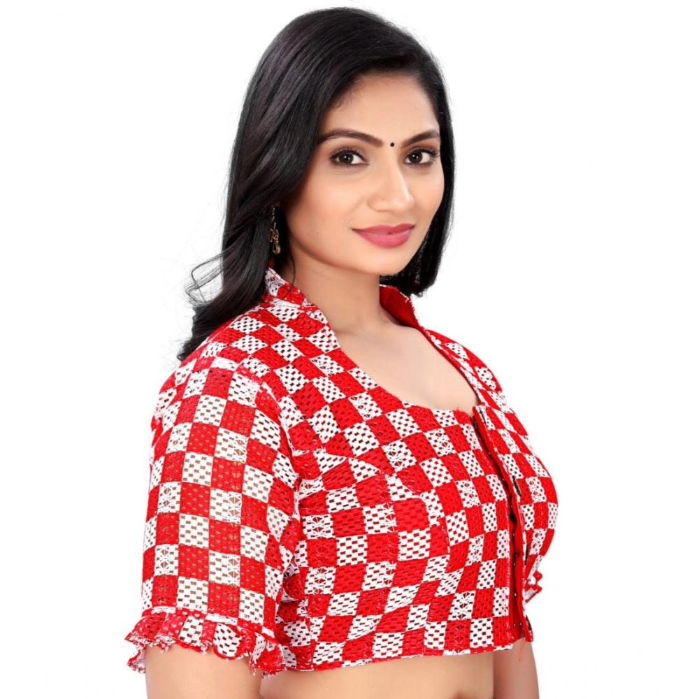 Amfyn Women's Cotton Blend Checks Readymade Blouse (Red, Size: Free Size)