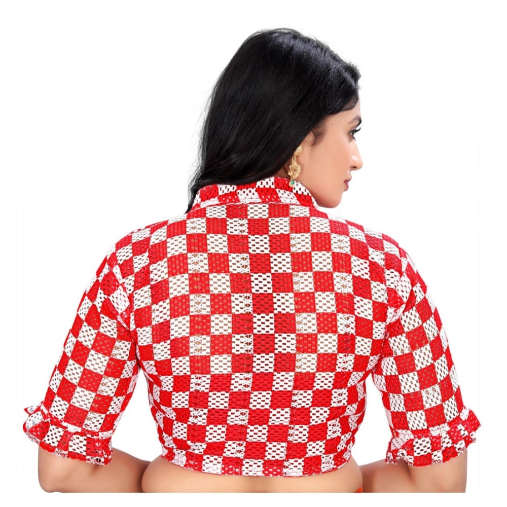 Amfyn Women's Cotton Blend Checks Readymade Blouse (Red, Size: Free Size)