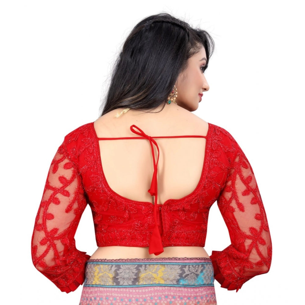 Amfyn Women's Nylon Net Embroidery Readymade Blouse (Red, Size: Free Size)