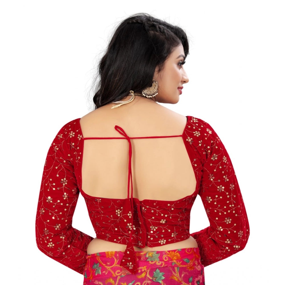 Amfyn Women's Velvet Embroidery Readymade Blouse (Red, Size: Free Size)