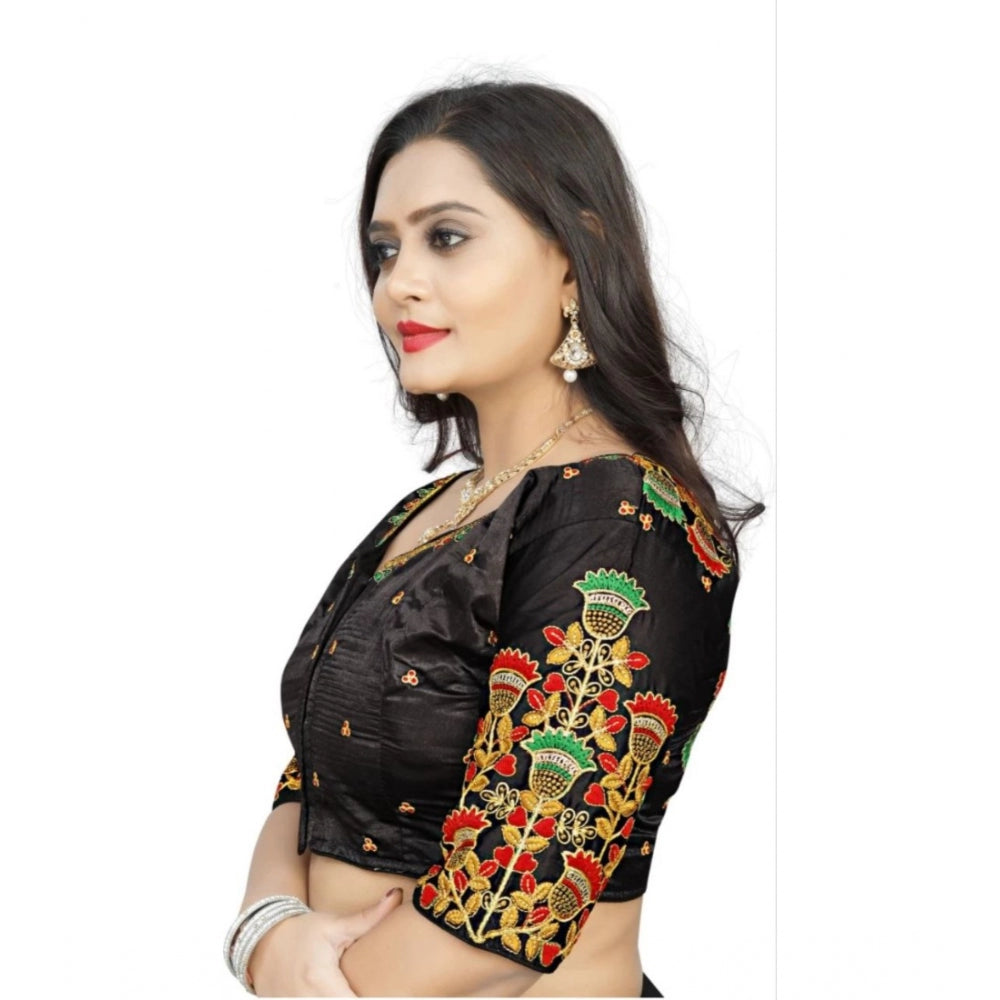 Amfyn Women's Malai Silk Floral Readymade Blouse (Black, Size: Free Size)